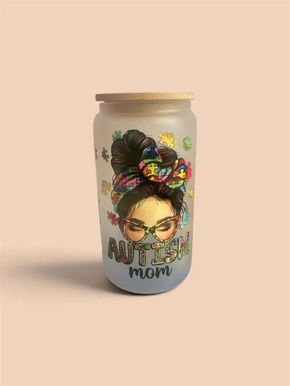 Autism Mom Frosted Glass Can Tumbler with Bamboo Lid and straw